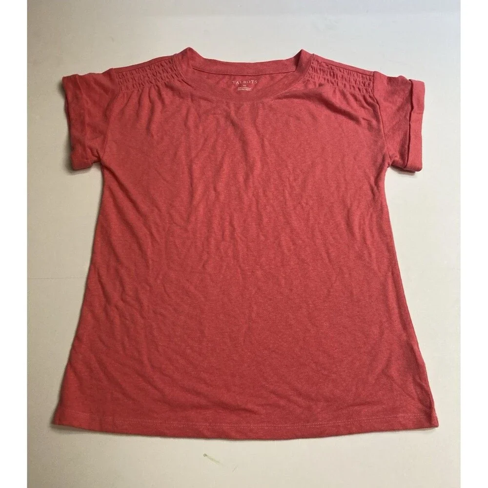 Talbots Women's Red Solid Scoop Neck Smocked Short Sleeve Knit T-Shirt XS